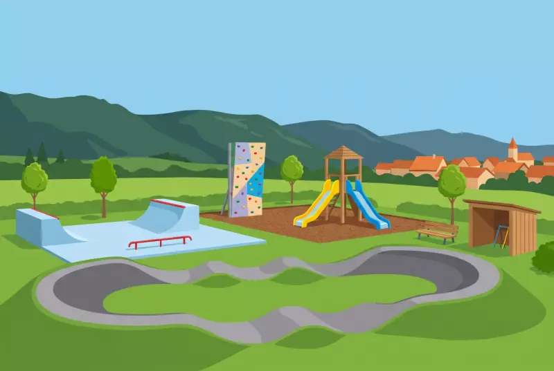 Illustration du pumptrack, du skatepark et de la tour de jeux de la place des sports et loisirs de Tavannes