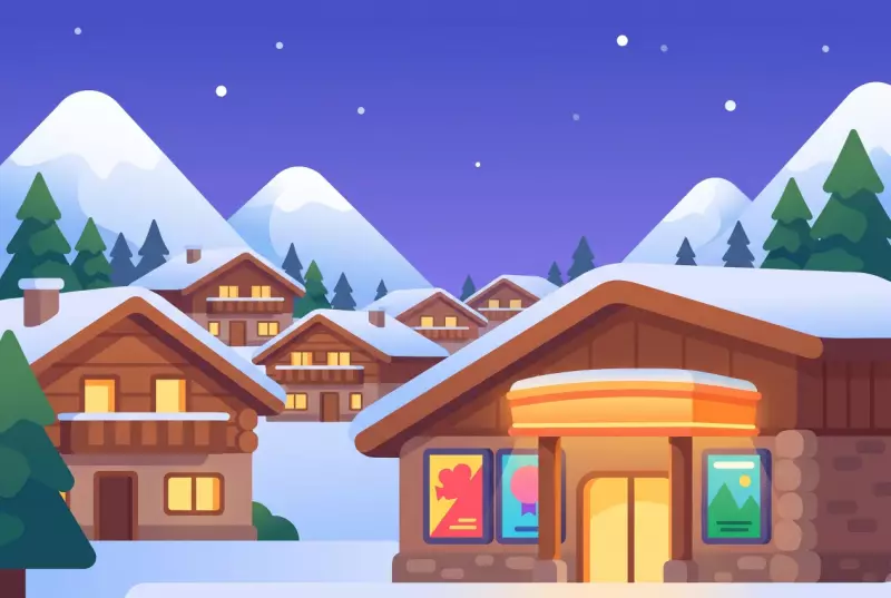 Illustration du cinema Cinecran a Crans-Montana, chalets enneiges, sapins et sommets enneiges en soiree