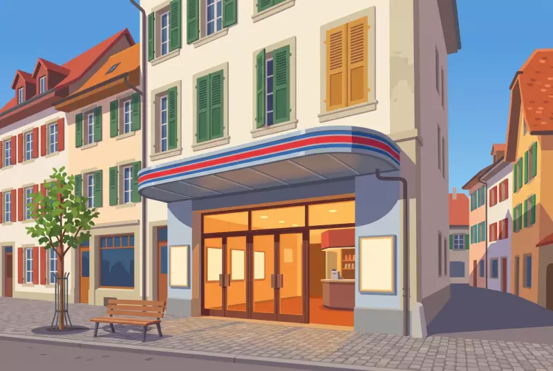 Illustration de la façade du cinéma de Payerne au centre-ville, son auvent et son hall éclairé