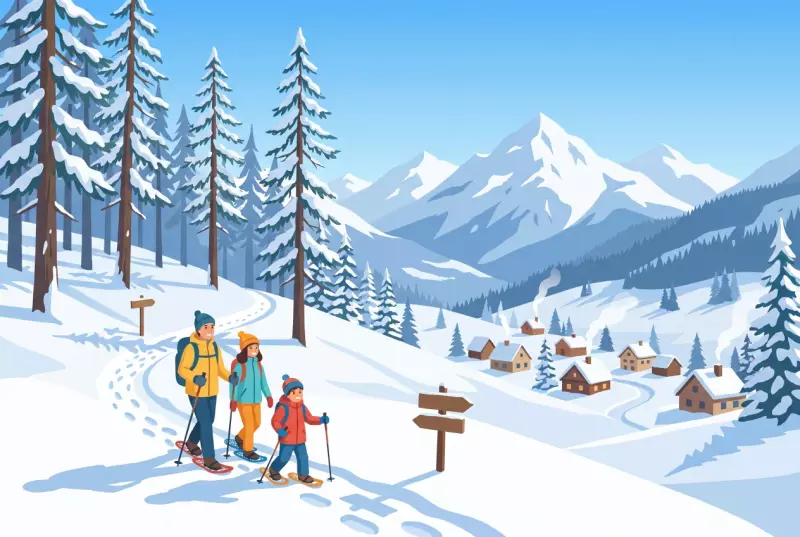 Une famille en raquettes sur le parcours balisé entre Bendolla et le village de Grimentz