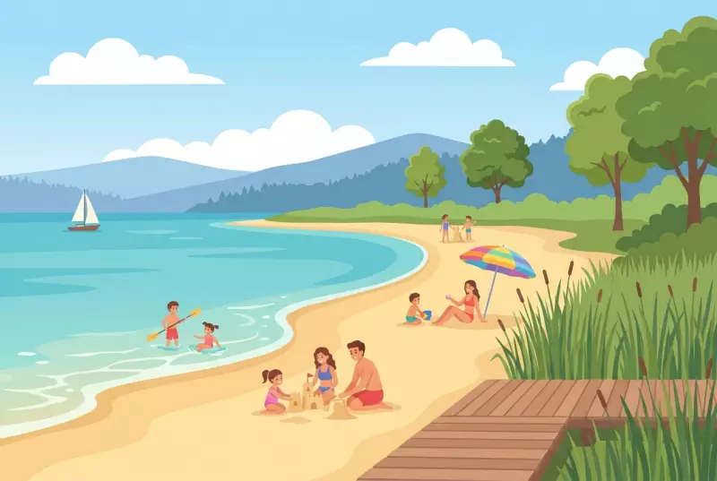 Illustration de la plage de Gletterens au bord du lac de Neuchâtel, sable et roseaux