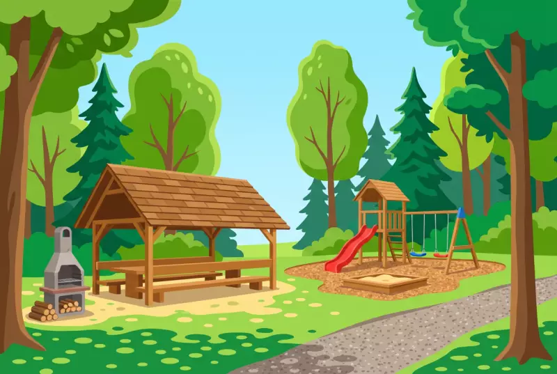 Illustration du Bois des Biolles à Delley-Portalban, son couvert en bois, son foyer et sa place de jeux en forêt