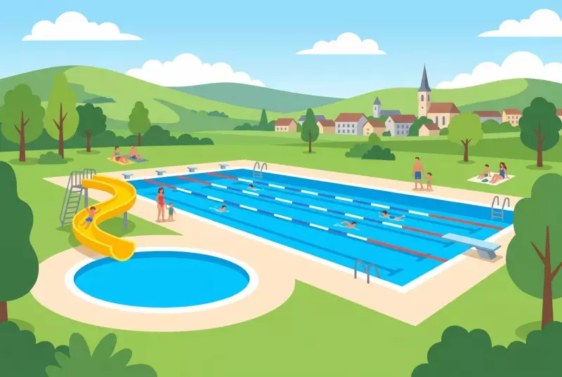 Illustration of the outdoor swimming pool in Porrentruy, blue outdoor pools, wading pool, and yellow slide.