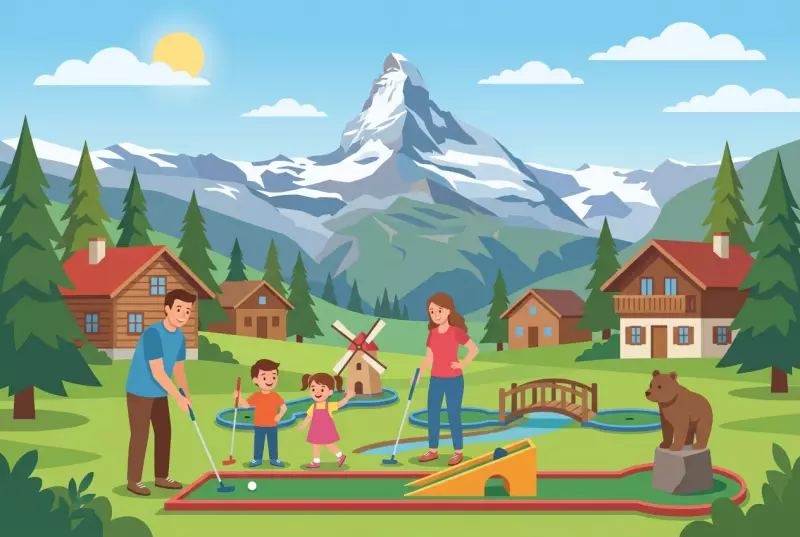 Illustration plate du minigolf de Vercorin, une famille jouant sur un parcours en plein air en montagne