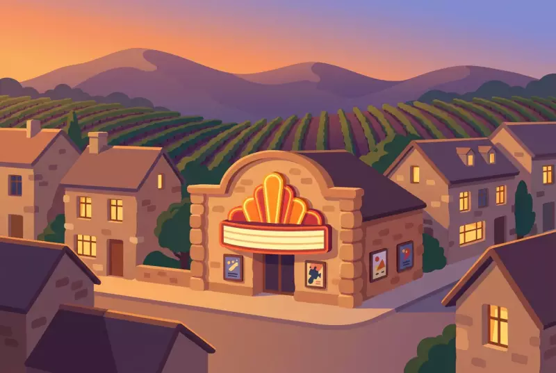 Illustration du cinema Le Bourg a Sierre, entree eclairee et affiches dans une vieille ville viticole au crepuscule