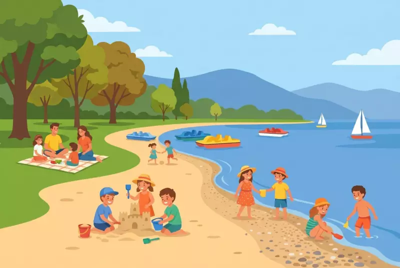 Illustration de la plage de Vidy à Lausanne, pelouse et plage au bord du Léman avec des familles