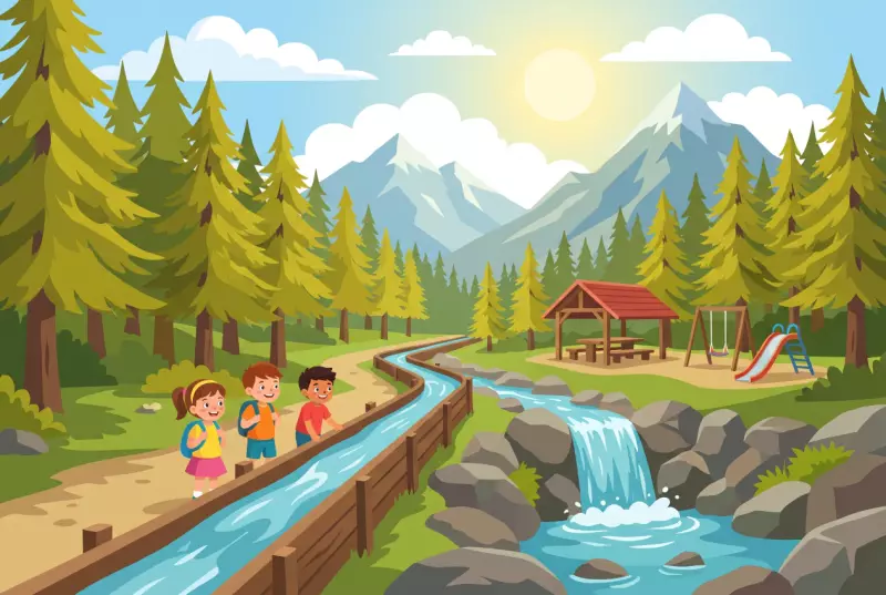 Illustration plate de bisse de St-Jean a Grimentz, enfants longeant un canal d'eau vers une cascade