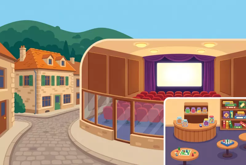 Illustration de la salle du cinema La Grange a Delemont et de son foyer avec des jeux de societe