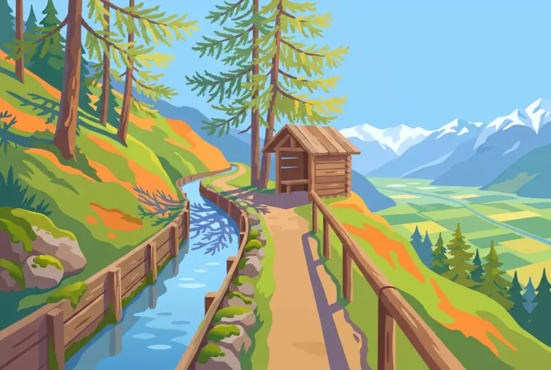 Illustration du bisse de Vercorin, canal d'irrigation à flanc de montagne longé d'un sentier sous les mélèzes