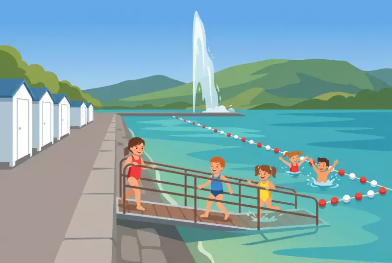 Illustration de l'espace de baignade du Quai Wilson à Genève: enfants en maillot descendant la rampe de mise à l'eau et nageant dans la zone balisée par des bouées, cabines le long du quai et Jet d'eau en arrière-plan