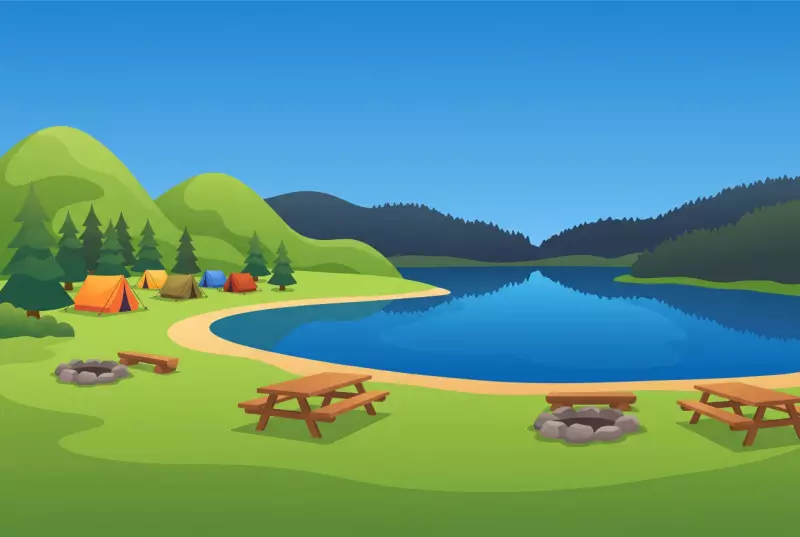 Illustration de la plage du Rocheray : pelouse, tables et grillades au bord du lac de Joux, entouré des crêtes du Jura