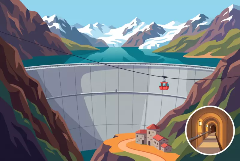 Illustration du barrage de la Grande Dixence, de son lac turquoise et du telepherique menant au couronnement