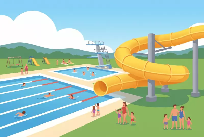 Illustration de la piscine de plein air d'Yverdon-les-Bains, grand bassin et toboggan