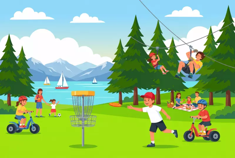 Illustration of the Espace Loisirs Basse-Ruche in Saint-Cergue: children on all-terrain scooters and swinggolf on the lush pastures of the Jura, zip lines among the fir trees, view of Lake Geneva.