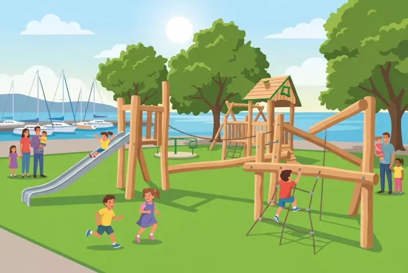 Illustration of the playground in the Jardin Anglais in Rolle: wooden structure with slide, tower with roof, and climbing net on green ground, by the harbor and the lake with sailboats, children playing.