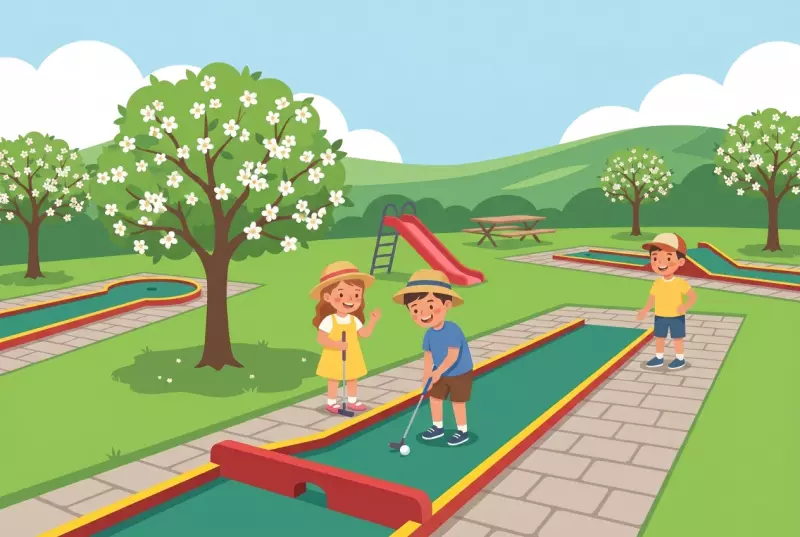 Illustration du Minigolf des Pommiers à Cudrefin : parcours de minigolf en plein air aux pistes vertes bordées de rouge et jaune, arbres en fleurs et pelouse, avec des enfants qui jouent au club, près du lac de Neuchâtel