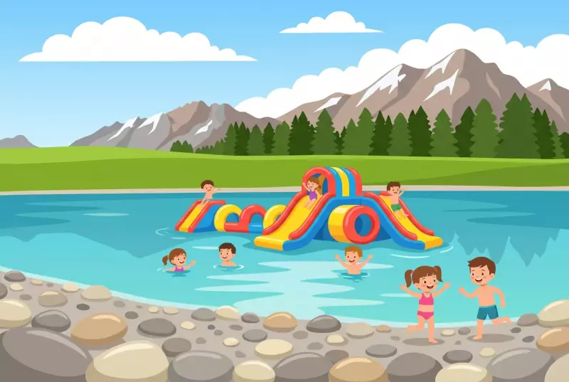 Illustration of the Frience Space in Gryon in summer: turquoise alpine lake with a gravel beach, inflatable structure, and children swimming, Vaud Alps mountains.