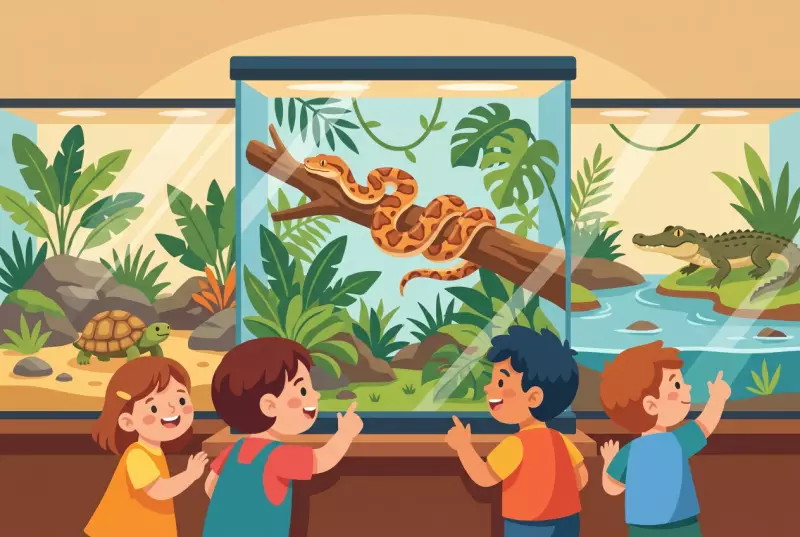 Illustration plate of the Vivarium of Meyrin: children observe through the glass a large tropical terrarium with a snake curled on a branch, a land turtle, and a young caiman at the water's edge.