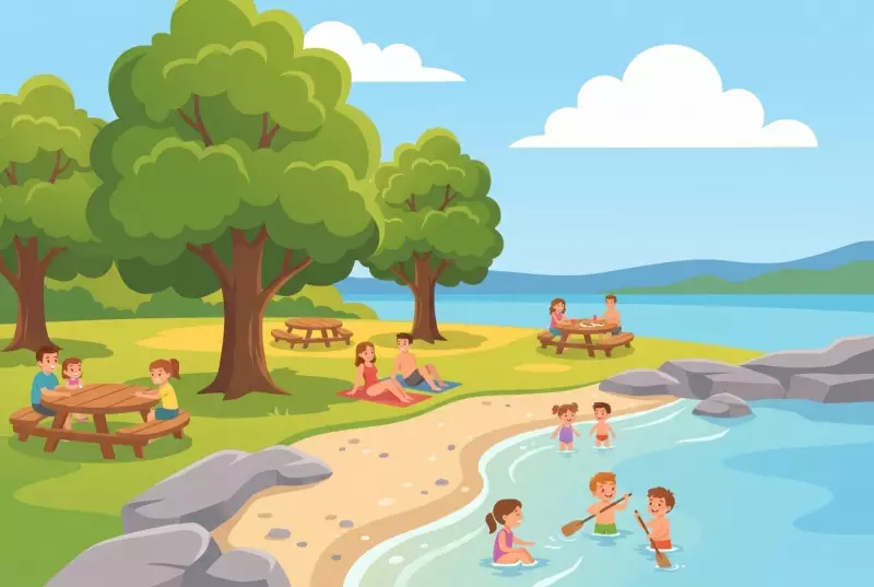 Illustration of Dullive Beach in Dully: sandy cove by Lake Geneva, grass and large trees, rocks, picnic tables, families and children swimming.