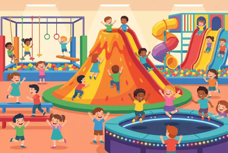 Illustration plate de Kids Fun Park a Etoy, grande aire de jeux interieure avec volcan et toboggans