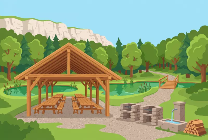 Illustration de la place d'accueil du Stand a Moutier avec son abri couvert, ses grils et ses etangs