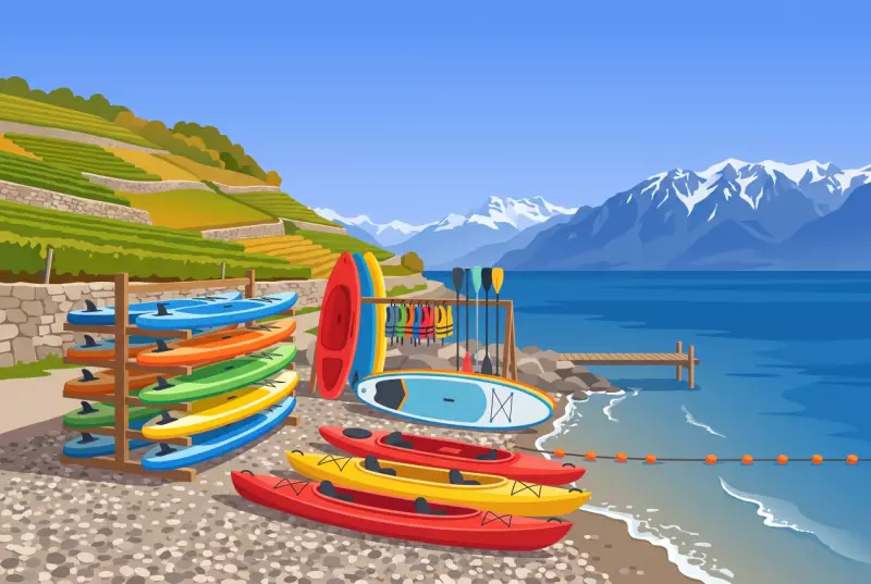 Illustration de la plage de Lutry avec ses paddles et kayaks de location, au pied des vignes en terrasses de Lavaux