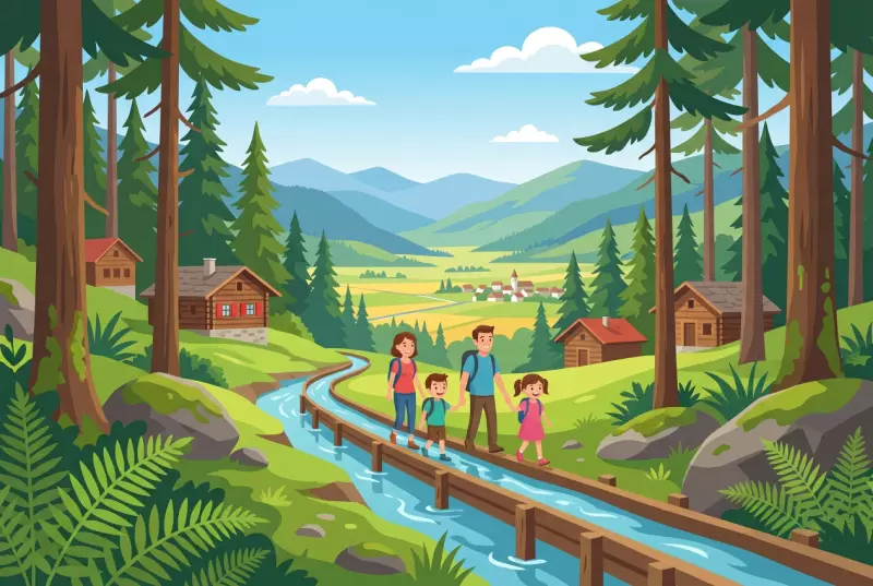 Illustration plate du Petoli Tour a Anzere, une famille longeant un bisse en foret avec vue sur la plaine du Rhone
