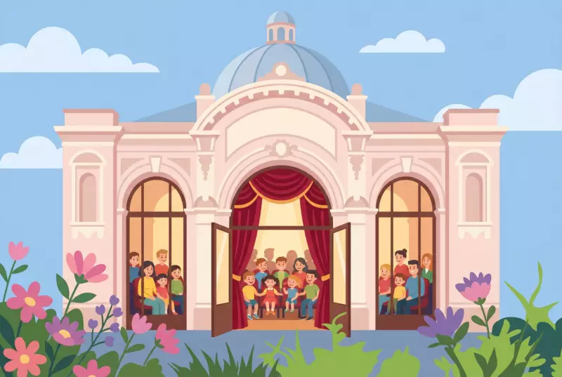 Illustration of the Benno Besson Theater in Yverdon-les-Bains, an elegant pink neo-baroque building with a dome, featuring a red stage curtain and a young audience of delighted children and families.