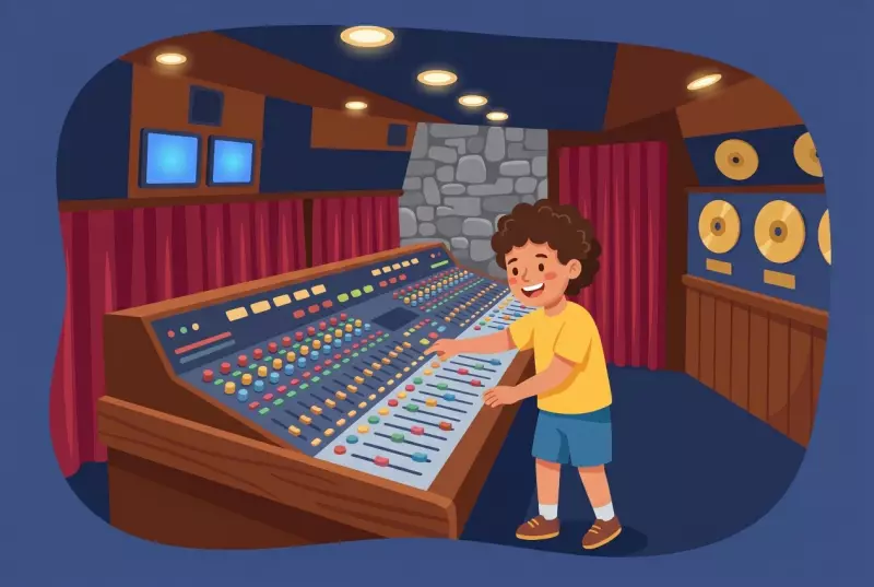Illustration de Queen – The Studio Experience à Montreux : un enfant joue à l'ingénieur du son devant la grande table de mixage du studio d'enregistrement, avec disques d'or au mur.