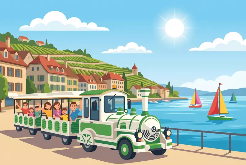 Illustration plate de petit train touristique de Morges au bord du lac avec une famille