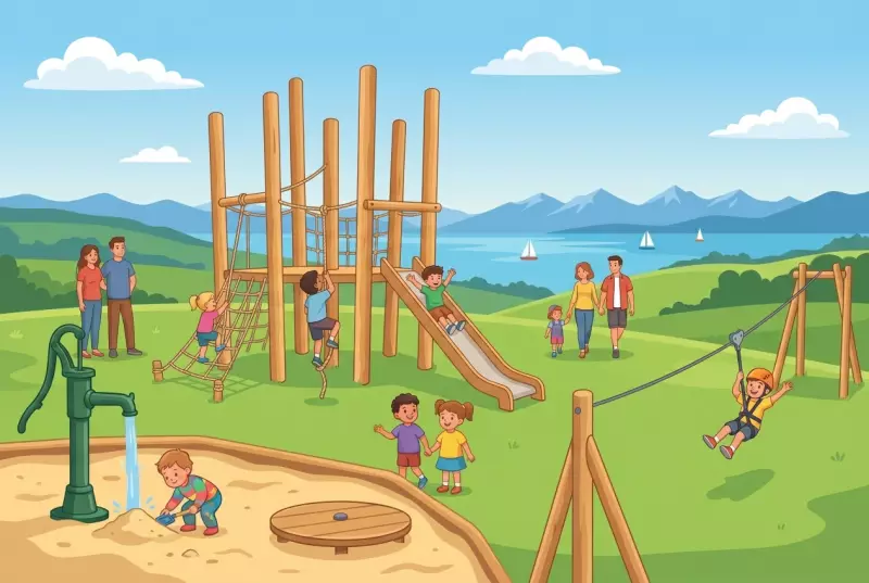 Illustration de la place de jeux de Pierre-à-Bot à Neuchâtel, aire en bois avec vue sur le lac