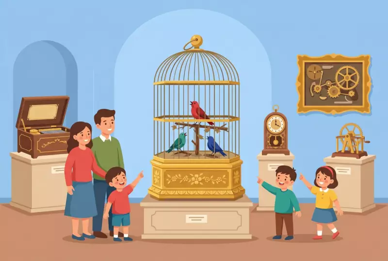 Illustration of MuMAPS in Sainte-Croix: museum room of mechanical art with a singing bird automaton in a golden cage, music boxes, and antique automatons, admired by amazed children and their families.