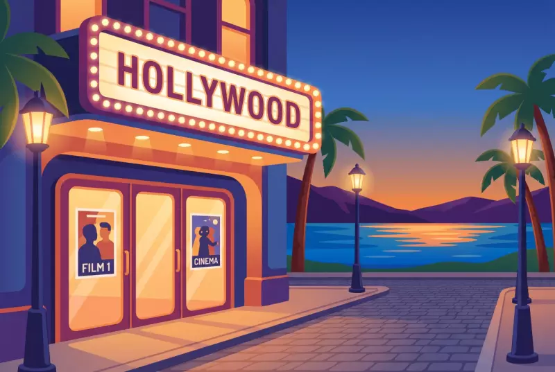 Illustration du cinéma Hollywood à Montreux, enseigne lumineuse HOLLYWOOD, palmiers, lac et montagnes au coucher du soleil
