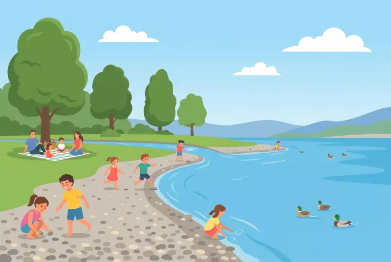 Illustration du parc de la Bécassine à Versoix, plage de galets et pelouse ombragée au bord du Léman