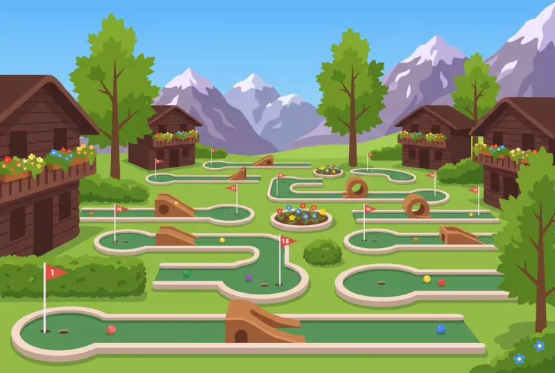 Illustration des pistes de minigolf entourées de chalets et de sommets à Zinal