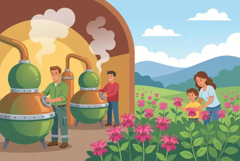 Illustration of the Bassins Distillery: large green stills emitting steam in the hall, a field of flowering aromatic plants and the Jura hills, a family discovers the plants.