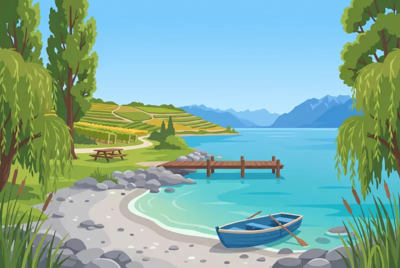 Illustration de la plage des Pêcheurs à Buchillon, petite rive de galets et de sable au bord du Léman