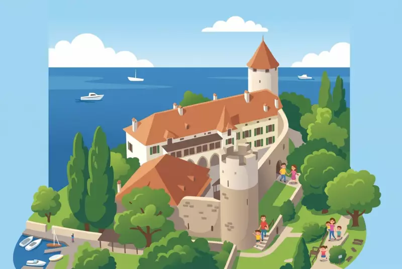 Illustration plate of the Swiss Museum of Games, medieval castle of La Tour-de-Peilz on the shores of Lake Geneva with its towers, courtyard, and a small harbor, and families heading there.