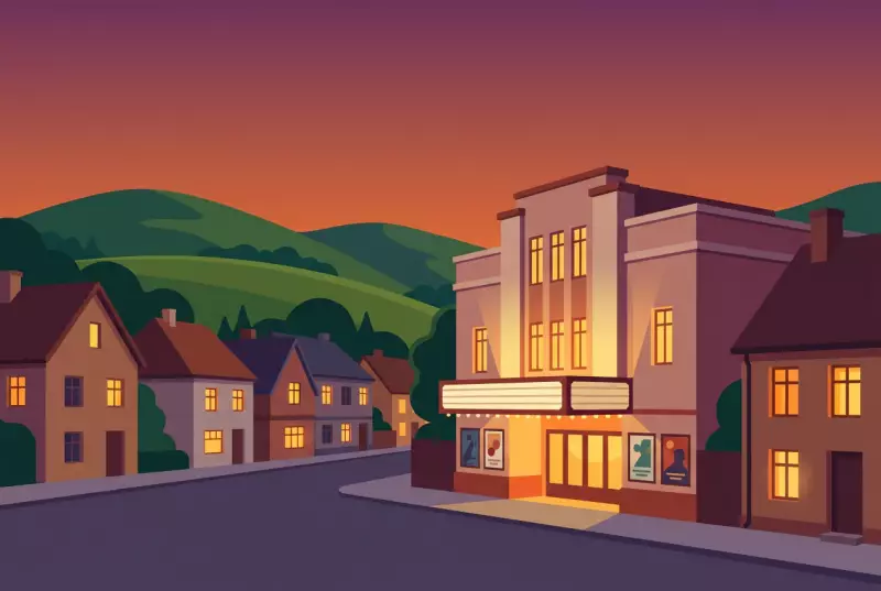 Illustration du cinema de village Sirius a Chatel-Saint-Denis, facade 1930 eclairee, maisons et collines en Veveyse au coucher du soleil