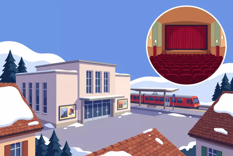 Illustration du Cinema Royal de Sainte-Croix, sa facade face a la gare et sa grande salle aux fauteuils rouges