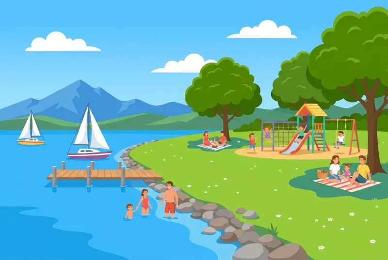 Illustration of the Vengeron beach in Bellevue: large lawn by Lake Geneva, dock with sailboats, playground, families having picnics and children swimming, snow-capped Mont-Blanc in the background.
