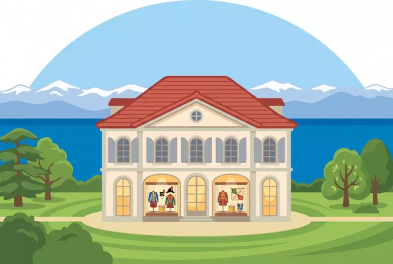 Illustration du manoir du domaine de Penthes et de son parc à Pregny-Chambésy, avec les vitrines d'uniformes anciens du musée