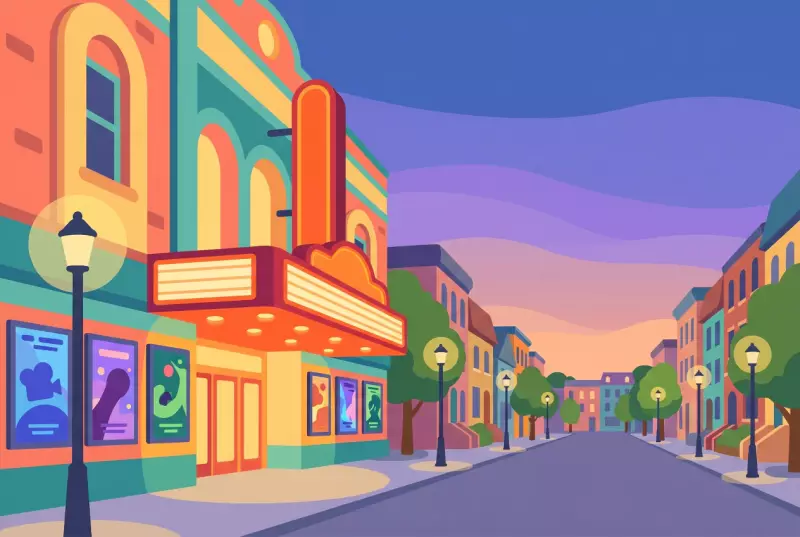 Illustration du cinema Les Rex a Fribourg, facade eclairee et affiches sur un boulevard arbore au crepuscule