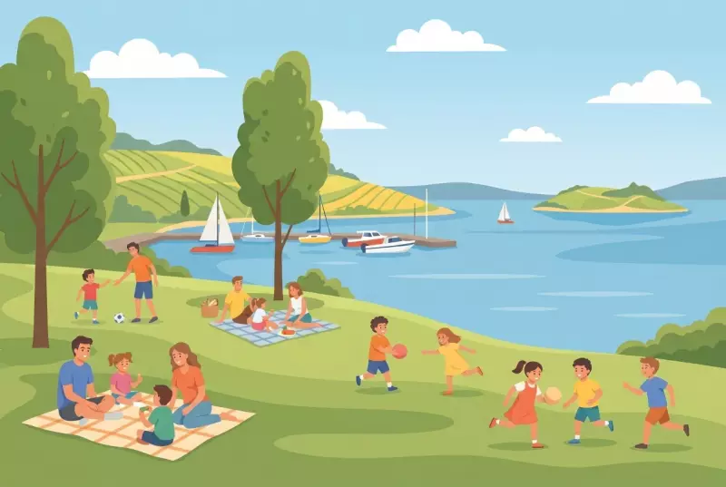 Illustration de la plage Saint-Joux à La Neuveville au bord du lac de Bienne, gazon, port et vignes