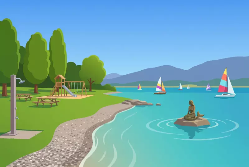 Illustration de la plage de la Nymphe à Collonge-Bellerive, sa pelouse ombragée et la statue de sirène sur son rocher
