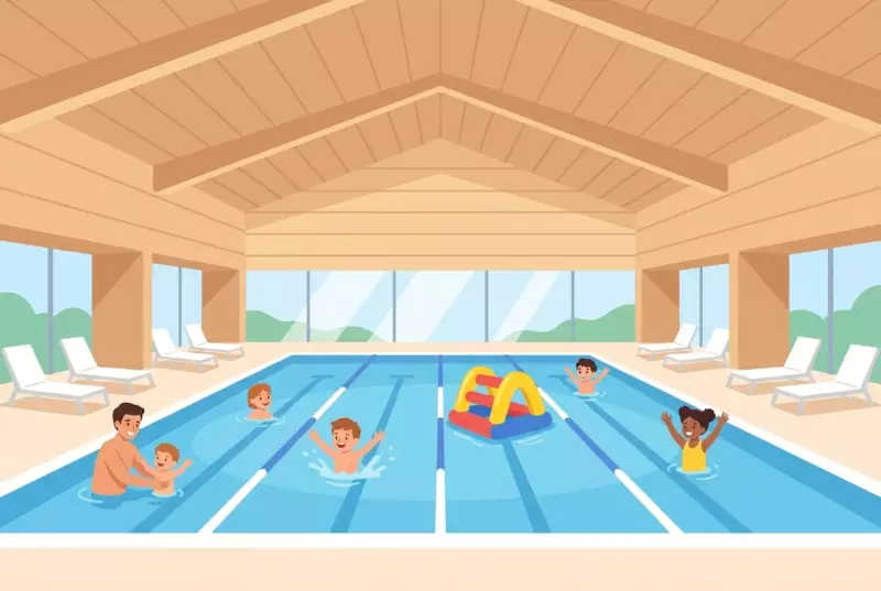 Illustration de la piscine couverte des Perrerets à Gland: un bassin à lignes d'eau sous une charpente en bois en A, de grandes baies vitrées, des chaises longues et des enfants qui nagent autour d'une structure gonflable.