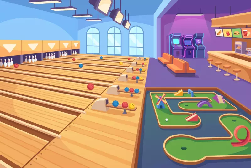 Illustration des pistes de bowling, du minigolf couvert et de l'espace arcade du centre de loisirs de Bulle