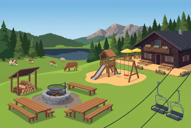 Illustration du foyer de la Riggisalp au-dessus du Lac Noir, avec son grill, ses tables de pique-nique et sa place de jeux sur l'alpage