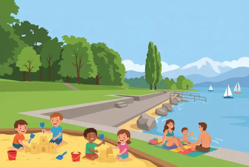 Illustration de la plage du Reposoir à Pregny-Chambésy : grande pelouse au bord du Léman, bac à sable où jouent des enfants, accès bétonné à l'eau et vue sur le Mont-Blanc