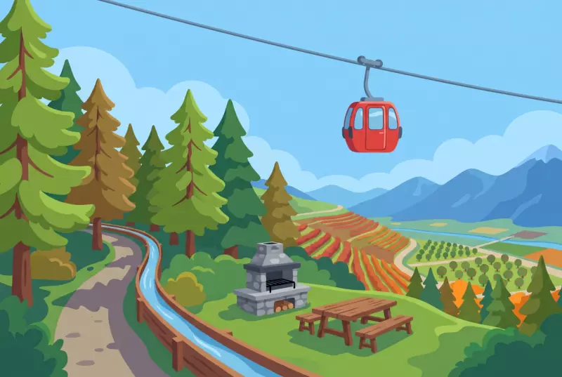Illustration du bisse de Briey au-dessus de Chalais, avec le téléphérique, le sentier ombragé le long de l'eau et le coin grillades